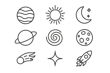 Set of Cosmos Related Line Icons with Planet, Sun, Moon, Saturn, Spiral Galaxy, Meteor, Stars, and Rocket Outline Signs for Graphic Design, Web, App, Advertising, and Cards