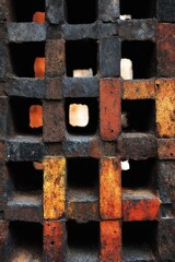 Close-up of a weathered brick wall with a grid pattern, with light shining through the square openings