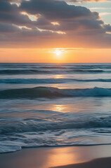 Obraz premium Golden Sunrise Over Ocean Waves at Sandy Beach