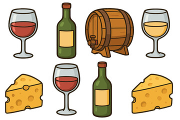 Wine and cheese tasting icon set. Vector cartoon collection. Red white wine glass bottle wood barrel cheese. Gourmet food drink party. Alcohol beverage appetizer doodle illustration.