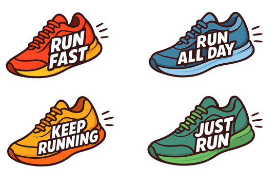 Motivational sneaker designs with inspiring running quotes, cartoon vector illustration set, colorful sports shoes, fitness and exercise inspiration, transparent background