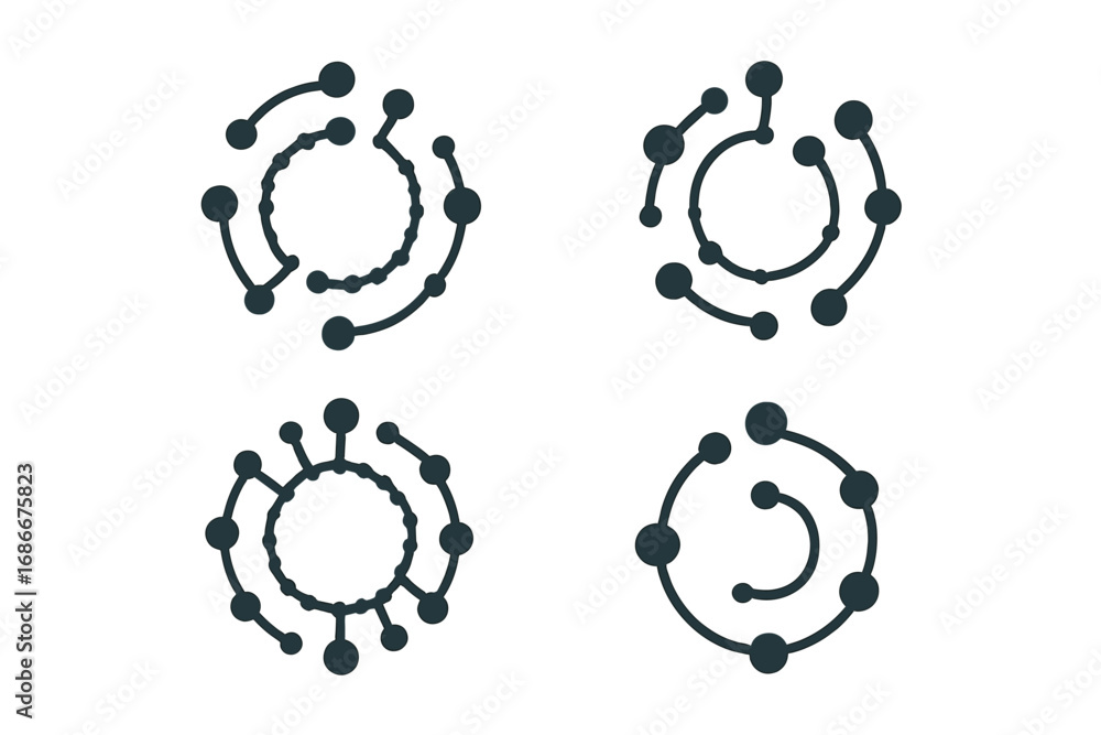 Poster circle dot technology connection logo set. abstract vector icons for network, data, science. global 