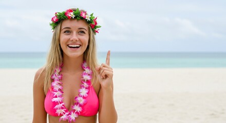 Smiling blonde woman in pink bikini floral lei and flower crown pointing upwards on a beach