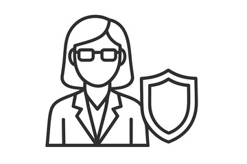 Protective shield icon with woman professional figure, security and safety concept, outline vector illustration for business, technology, web design, advertising, and app graphics