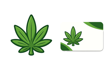 Green cannabis leaf logo and business card design template. Vector cartoon illustration for marijuana branding identity. Isolated icon set for medical, CBD, or wellness business.