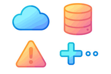Modern gradient icon set for web design. Cloud computing, database storage, warning alert, and add more symbols. Vector cartoon illustration for UI UX interface elements.