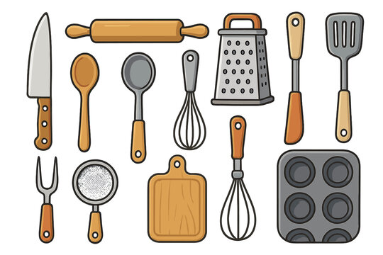 Kitchen utensils set for cooking and baking. Vector icon collection with knife, rolling pin, whisk, grater, spatula, spoon. Essential cookery and bakery equipment flat cartoon design.