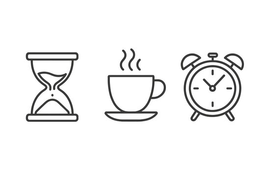 Simple linear time illustration with hourglass, coffee break, alarm clock icons, productivity concept, time management app design, vector cartoon graphic for business and lifestyle use
