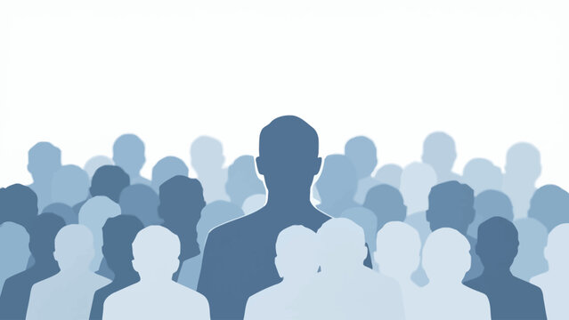 Flat vector illustration of a faceless crowd with one missing silhouette outlined. Represents awareness of missing persons and International Day of the Disappeared - Powered by Adobe