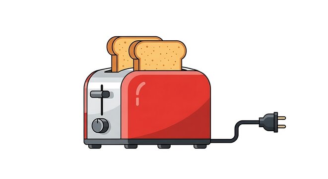 Retro Red Toaster with Bread Slices Isolated on White Background Cartoon Style.