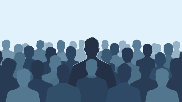 Flat vector illustration of a faceless crowd with one missing silhouette outlined. Represents awareness of missing persons and International Day of the Disappeared