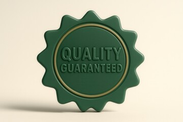 Quality Guaranteed seal badge, embossed style, prominent retail promotion emblem for assurance and trust.
