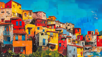 Vibrant colorful village hillside buildings