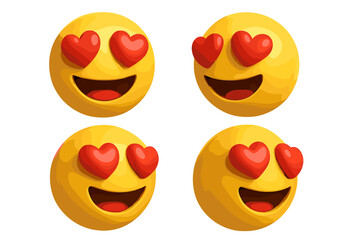 Set of 3D Love Emojis with Heart Eyes, Vector Cartoon Illustrations from Multiple Angles, Transparent Background, Expressive Romantic Emoticons, Digital Smileys, Emotion Icons