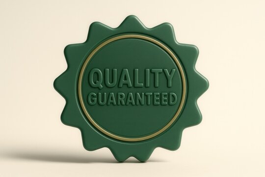 Quality Guaranteed seal badge, embossed style, prominent retail promotion emblem for assurance and trust.