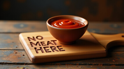Small wooden plate with ketchup and no meat here message in rustic style