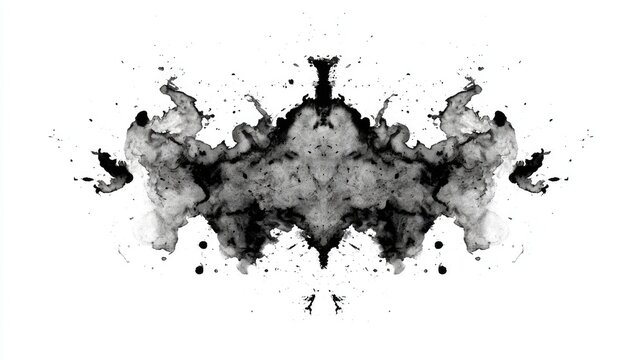 Rorschach Inkblot Test: A symmetrical, abstract inkblot design in shades of black, evoking psychological analysis, creativity, and introspection. 