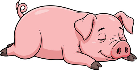 Adorable sleeping pink pig cartoon, peaceful farm animal illustration, cute resting livestock vector art for kids and nature designs