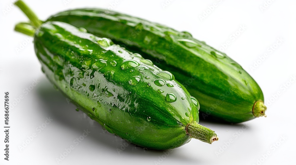 Poster two cucumbers are sitting on a white background. they are green and have a wet appearance. the cucum