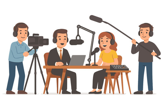 Media professionals broadcasting in studio, camera operator with video camera, podcast interview with male and female hosts, sound technician with boom microphone, cartoon vector illustration