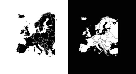 A map of Europe with country borders, an outline icon representing the geography, travel, and politics of the continent.