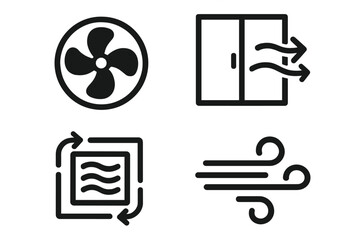 Airflow and ventilation icon set. Simple symbols for fan, window, wind, and air filter. Vector illustration for HVAC, purifier, circulation, and weather concepts. Fresh air.