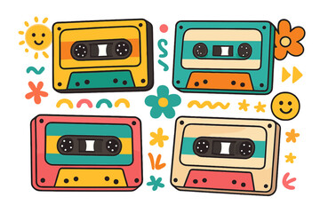 Obraz premium Retro cassette tapes groovy sticker set. Vintage 80s 90s music audio concept. Cartoon y2k doodle pattern with flowers, sun, smiley face. Old school mixtape nostalgia graphic.