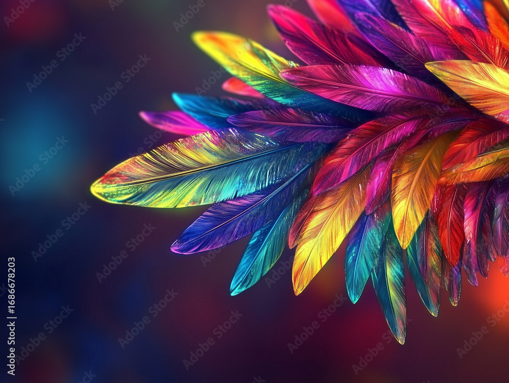 Poster a vibrant display of colorful feathers arranged in a captivating formation