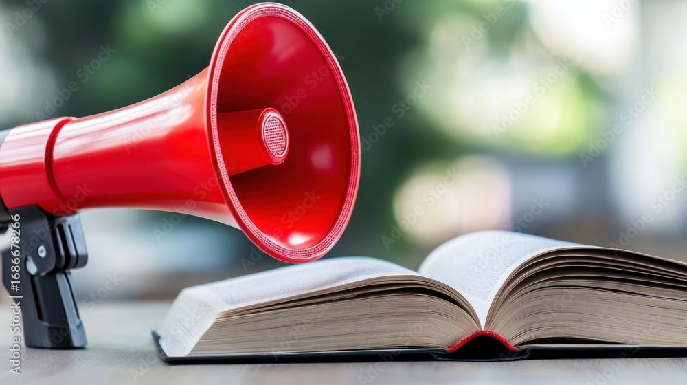 Poster a bold red megaphone rests on an open book, symbolizing communication and knowledge sharing