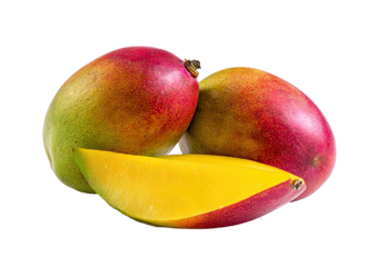 Close-up of two whole and one sliced mango.  Ripe, vibrant red-orange and yellow tropical fruit