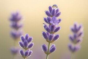 Obraz premium Macro shot of lavender flowers with dew drops in early morning light and clean background