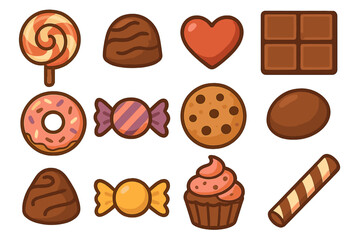 Sweet treats candy icon set. Flat cartoon vector illustration collection. Chocolate, lollipop, donut, cookie, cupcake, praline, wafer stick dessert and confectionery clipart.