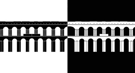 The silhouette of a Roman aqueduct, a black and white icon representing ancient Roman engineering, history, and architecture.