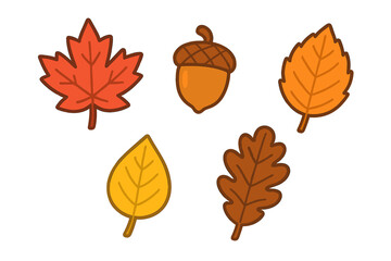 Vibrant autumn leaves and acorn vector set, colorful fall foliage illustration, seasonal nature design, simple flat style, cartoon graphics for seasonal projects, transparent background
