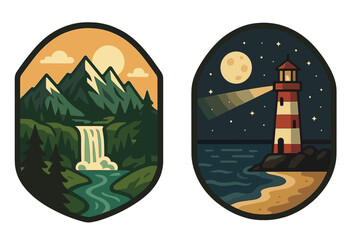 Vector emblem set of outdoor adventure scenes. Mountain waterfall landscape by day and lighthouse on coast by night. Nature travel sticker collection. Hiking and nautical logos.