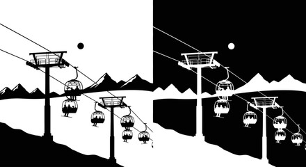 An outline style of a mountain cable car, a modern and clean icon for a ski resort logo or an alpine travel website.