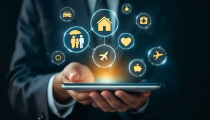 Close-up of businessman holding tablet with floating insurance icons.