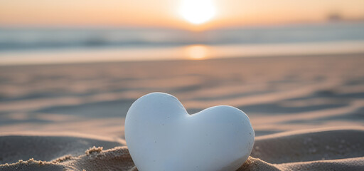 White Heart in Sand with Sunset Glow Over the Sea
