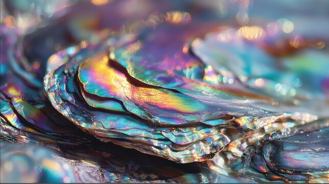 Iridescent Abalone Shell: A mesmerizing close-up unveils the natural, iridescent beauty of an abalone shell. This macro photograph highlights the shimmering layers and vibrant colors.