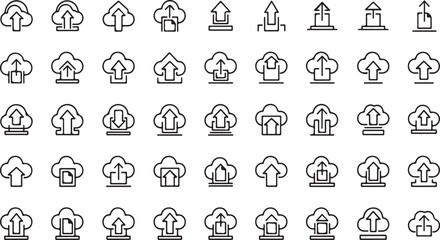 Collection of hand drawn cloud upload and download icons for digital data and network storage solutions vector