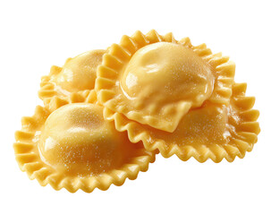 Three golden-yellow pasta tortellini, stacked, showing a ruffled edge and a slightly glossy surface