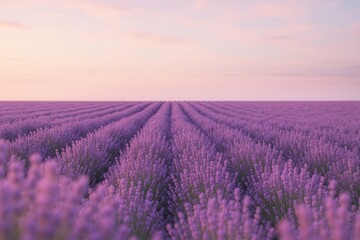 Obraz premium Lavender field with blurred foreground and sharp horizon in depth-focused pastel composition