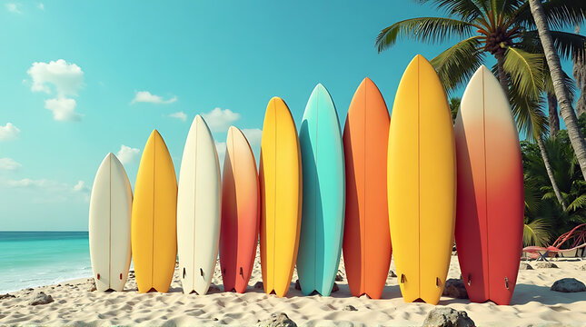Colorful surfboards lined up on a tropical beach paradise with blue sky and palm trees