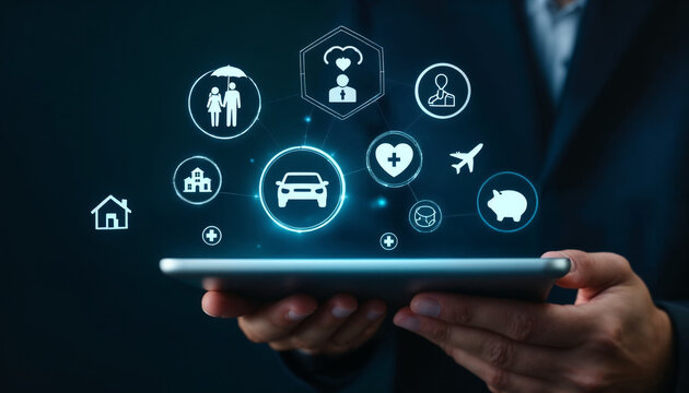 Close-up of businessman holding tablet with floating insurance icons. - Powered by Adobe