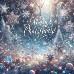 A magical sparkling winter wonderland scene with iridescent twinkling snowflakes, cursive text says “Merry Christmas!”. Backdrop, greeting season
