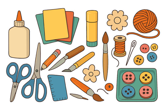 Crafting tools and art supplies set. Vector cartoon illustration for handmade hobby. Creative DIY kit with scissors, glue, thread, buttons, paper and brushes for creativity.