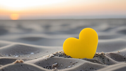 Fototapeta premium Yellow Heart in Sand with Sunset Sky and Ocean Horizon