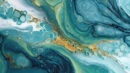 Abstract Fluid Art: Swirling turquoise and gold hues intermingle in a dynamic display of abstract fluid art, evoking a sense of depth, serenity and elegance.