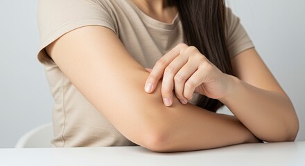 Obraz premium Womans arm on table gently touching her forearm with fingers