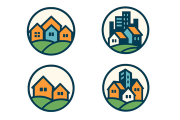 Real estate logo set. Collection of circular vector icons with houses and city buildings. Symbol for property, construction, community, home, and urban or suburban development.